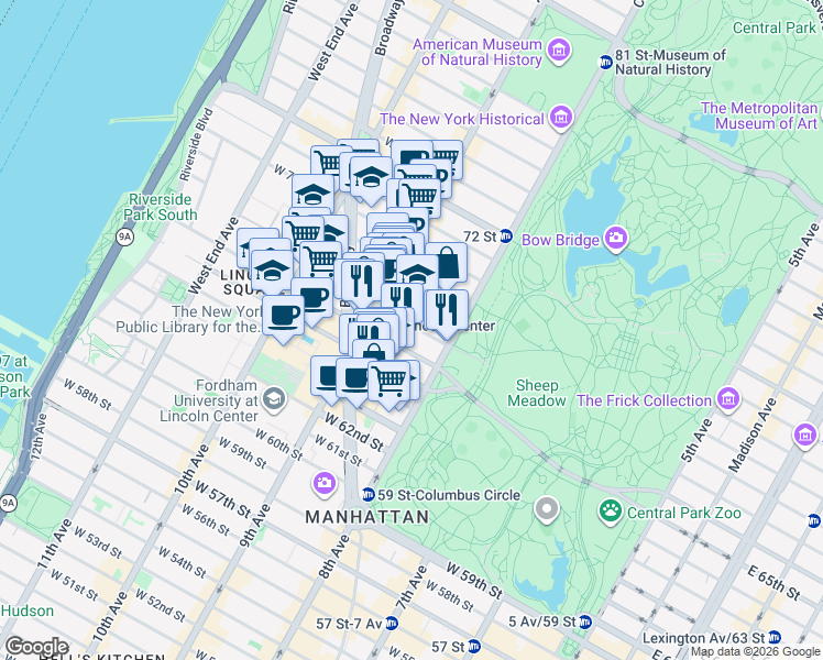 map of restaurants, bars, coffee shops, grocery stores, and more near 50 West 67th Street in New York