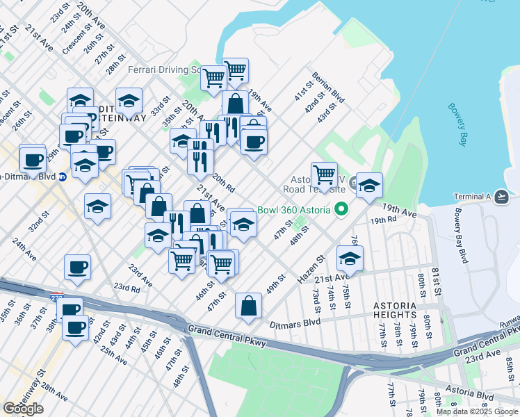 map of restaurants, bars, coffee shops, grocery stores, and more near 20-67 45th Street in Queens