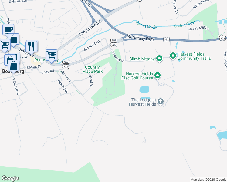 map of restaurants, bars, coffee shops, grocery stores, and more near 239 Kestrel Lane in Boalsburg