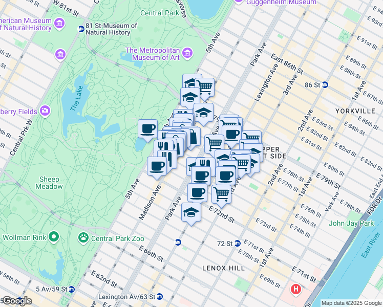 map of restaurants, bars, coffee shops, grocery stores, and more near 53 East 75th Street in New York