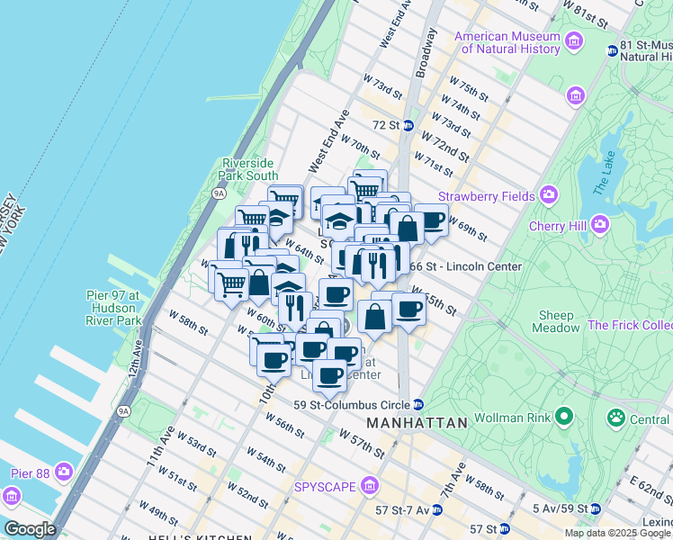 map of restaurants, bars, coffee shops, grocery stores, and more near West 64th Street in New York
