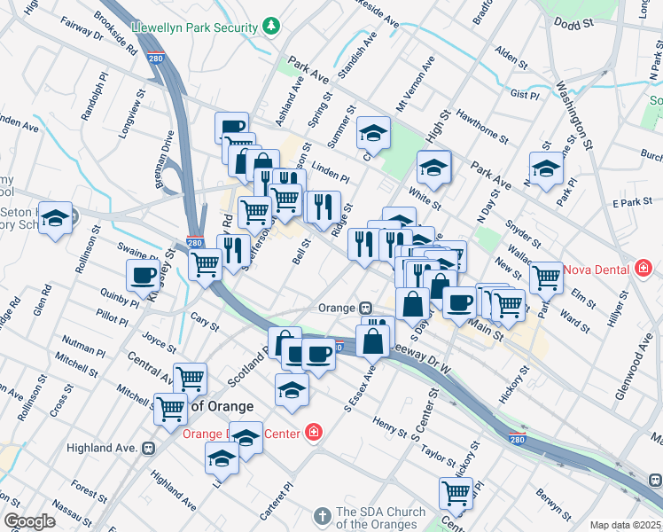 map of restaurants, bars, coffee shops, grocery stores, and more near 420 Main Street in City of Orange