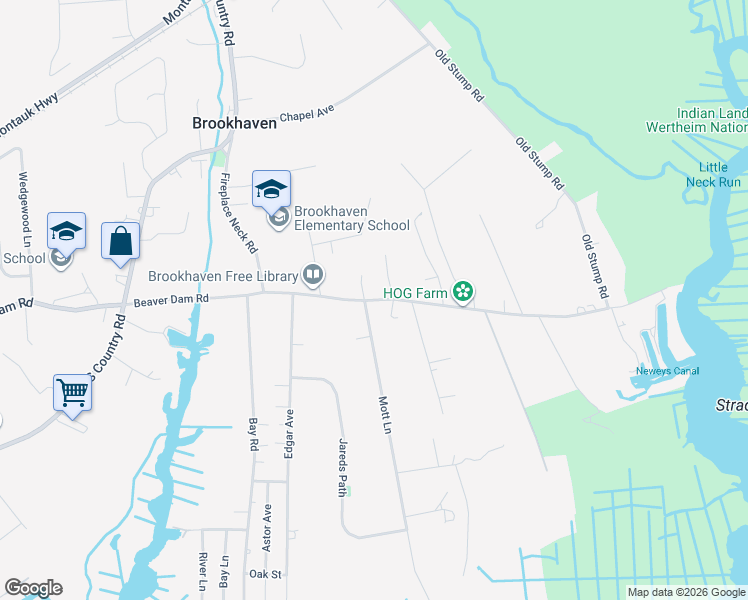 map of restaurants, bars, coffee shops, grocery stores, and more near 5 Mott Lane in Brookhaven
