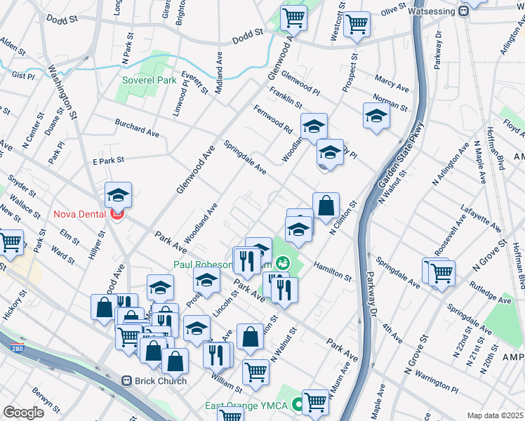 map of restaurants, bars, coffee shops, grocery stores, and more near in East Orange