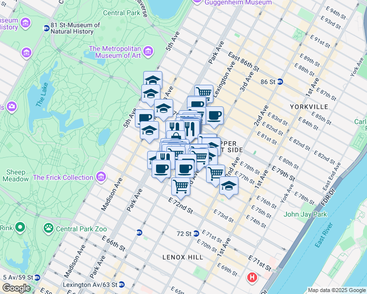 map of restaurants, bars, coffee shops, grocery stores, and more near 144 East 77th Street in New York