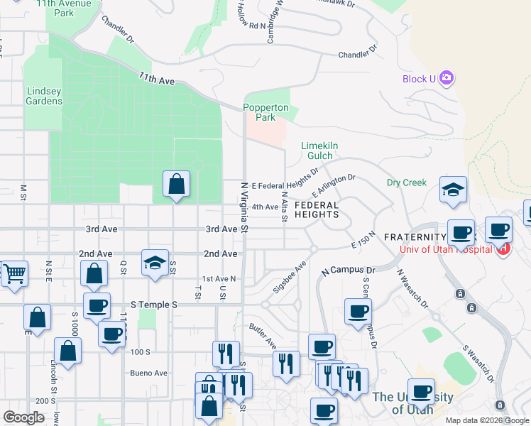 map of restaurants, bars, coffee shops, grocery stores, and more near 1307 3rd Avenue in Salt Lake City