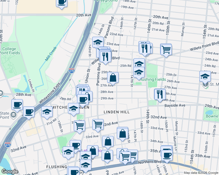 map of restaurants, bars, coffee shops, grocery stores, and more near 144-60 28th Avenue in Queens