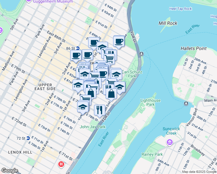 map of restaurants, bars, coffee shops, grocery stores, and more near 523 East 83rd Street in New York