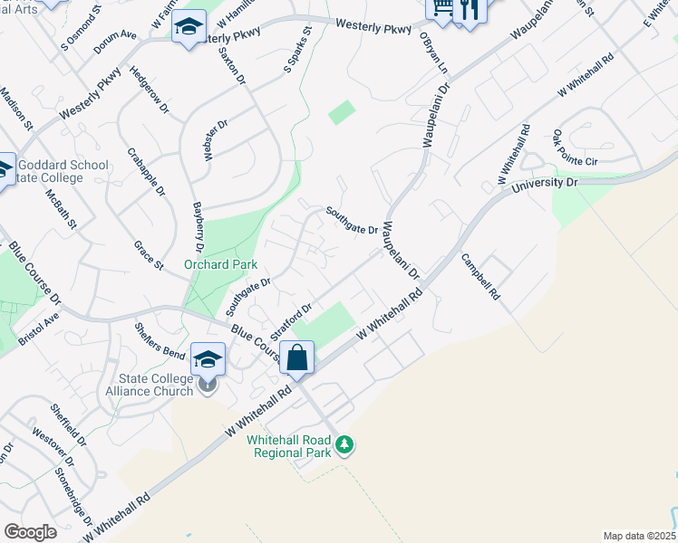 map of restaurants, bars, coffee shops, grocery stores, and more near 801 Stratford Drive in State College