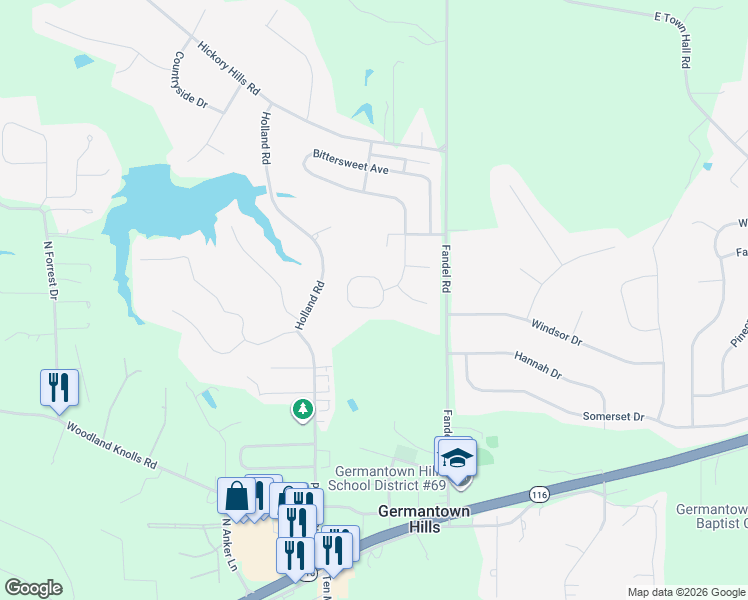 map of restaurants, bars, coffee shops, grocery stores, and more near 207 Karagen Circle in Germantown Hills