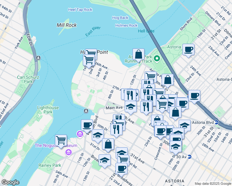 map of restaurants, bars, coffee shops, grocery stores, and more near 810 12th Street in Queens