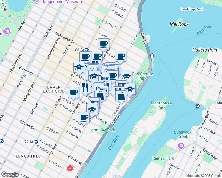 map of restaurants, bars, coffee shops, grocery stores, and more near 506 East 82nd Street in New York
