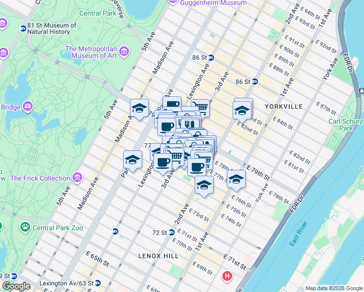 map of restaurants, bars, coffee shops, grocery stores, and more near 205 East 77th Street in New York