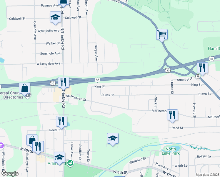 map of restaurants, bars, coffee shops, grocery stores, and more near 838 Burns Street in Mansfield