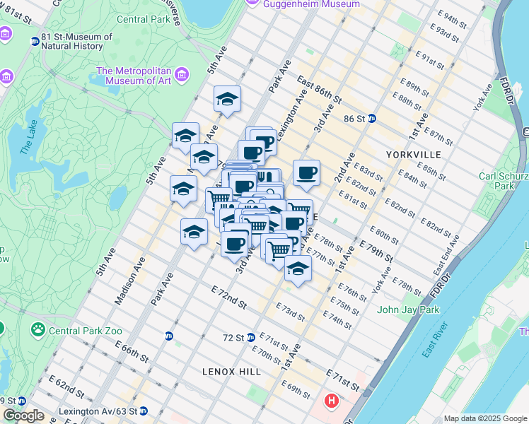 map of restaurants, bars, coffee shops, grocery stores, and more near 188 East 78th Street in New York