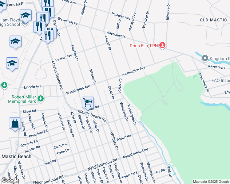 map of restaurants, bars, coffee shops, grocery stores, and more near 6 Oak Place in Mastic Beach