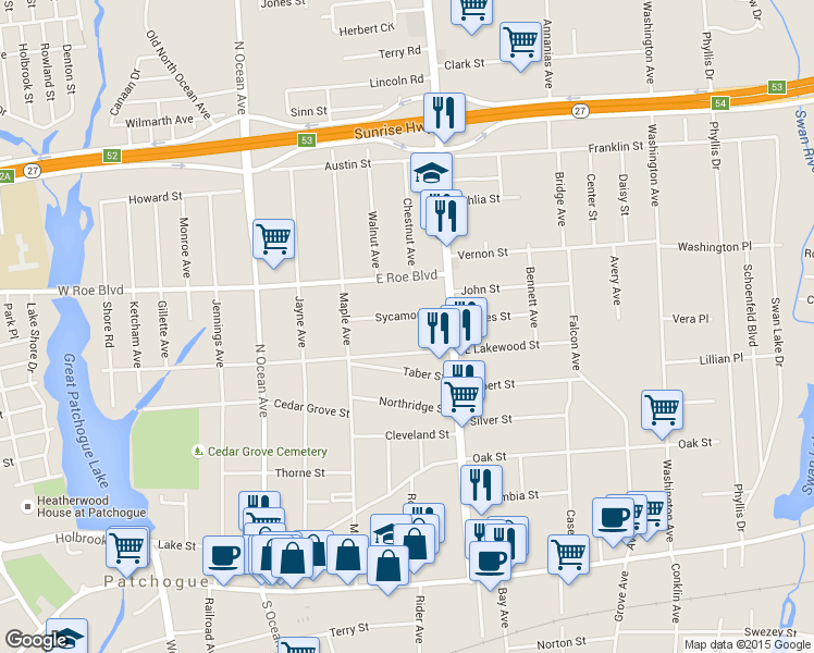 map of restaurants, bars, coffee shops, grocery stores, and more near 105 East Lakewood Street in Patchogue