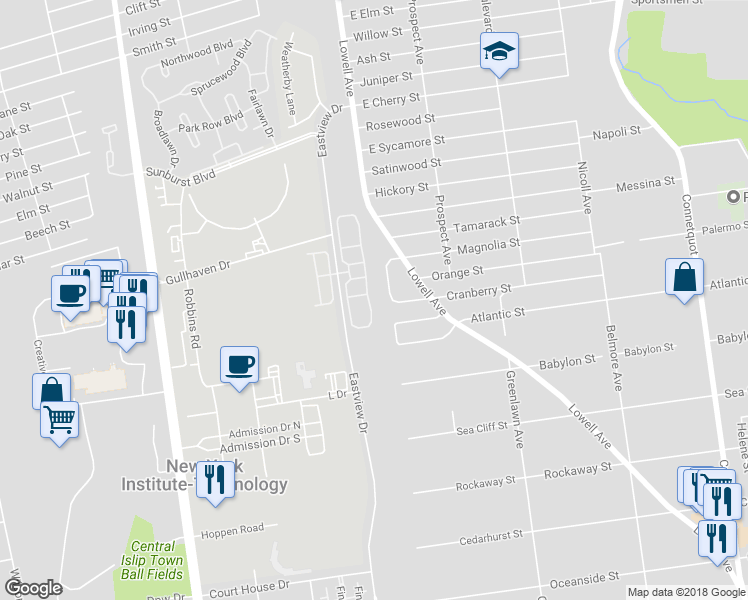 map of restaurants, bars, coffee shops, grocery stores, and more near 261 Medea Way in Central Islip