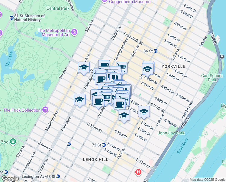 map of restaurants, bars, coffee shops, grocery stores, and more near 200 East 78th Street in New York