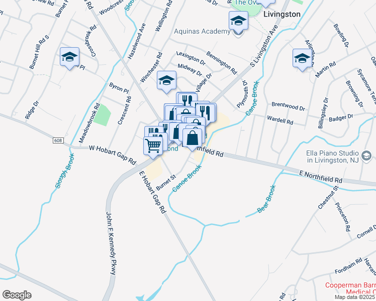 map of restaurants, bars, coffee shops, grocery stores, and more near 22 Burnet Street in Livingston