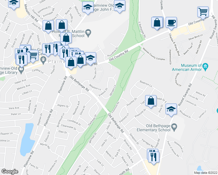 map of restaurants, bars, coffee shops, grocery stores, and more near 19 Fresno Drive in Plainview