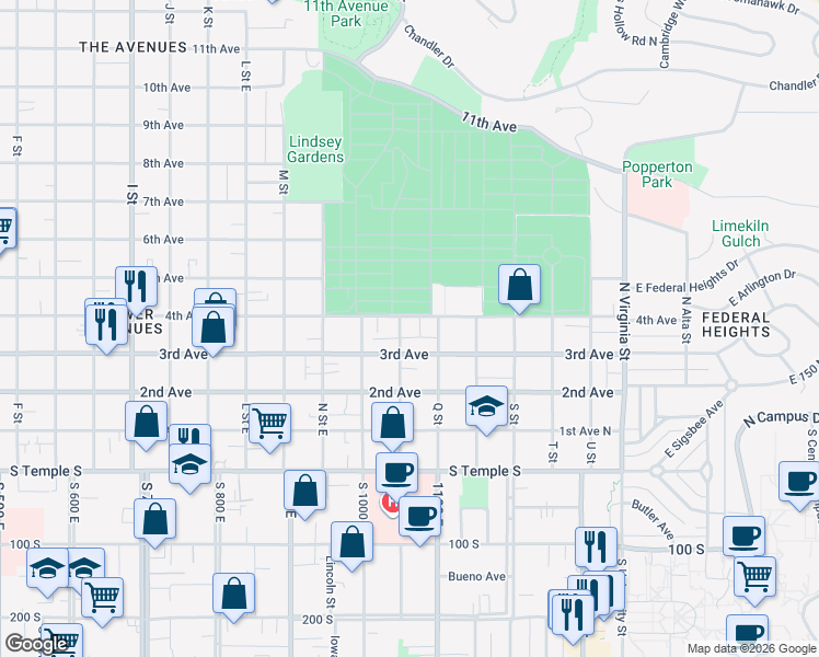 map of restaurants, bars, coffee shops, grocery stores, and more near 953 3rd Avenue in Salt Lake City