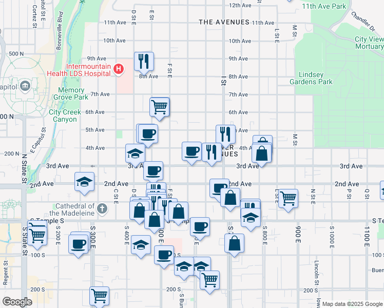 map of restaurants, bars, coffee shops, grocery stores, and more near in Salt Lake City