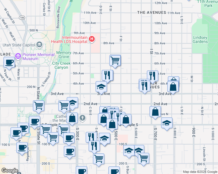 map of restaurants, bars, coffee shops, grocery stores, and more near 401 3rd Avenue in Salt Lake City