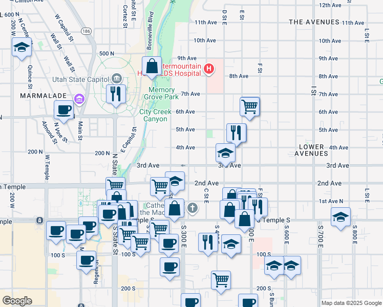 map of restaurants, bars, coffee shops, grocery stores, and more near in Salt Lake City