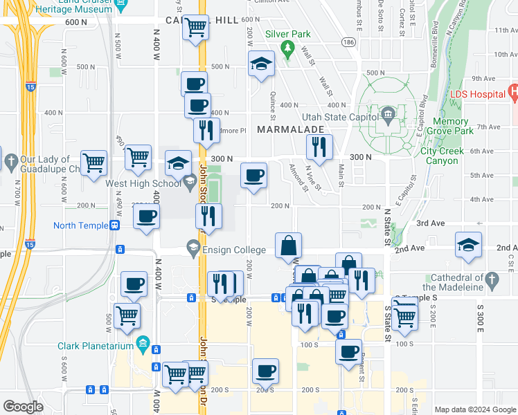map of restaurants, bars, coffee shops, grocery stores, and more near 145 West 200 North in Salt Lake City