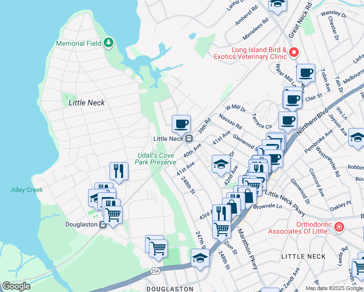 map of restaurants, bars, coffee shops, grocery stores, and more near 248-09 40th Avenue in Queens