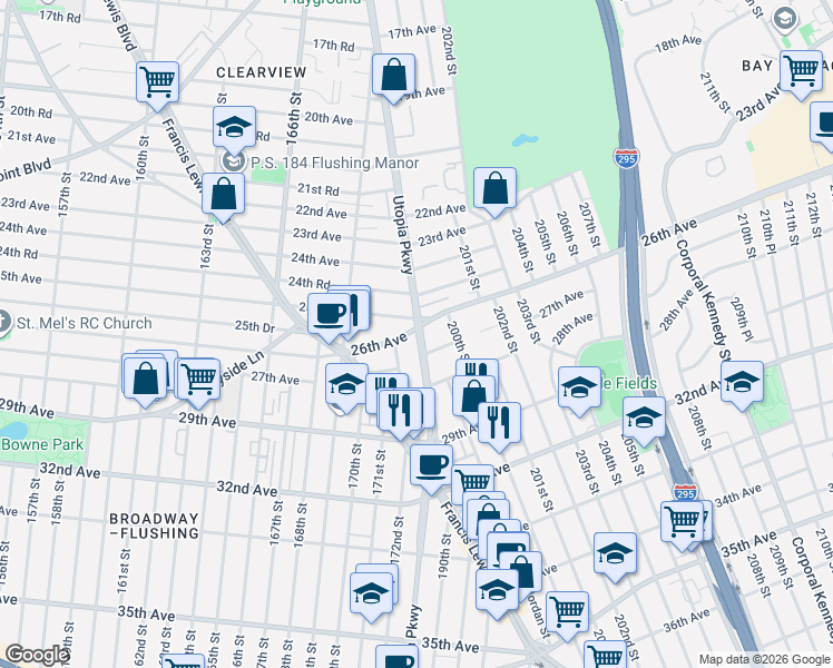 map of restaurants, bars, coffee shops, grocery stores, and more near 26-23 Utopia Parkway in Queens