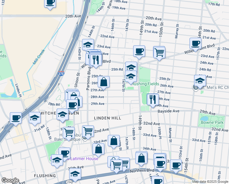 map of restaurants, bars, coffee shops, grocery stores, and more near 146-20 28th Avenue in Queens