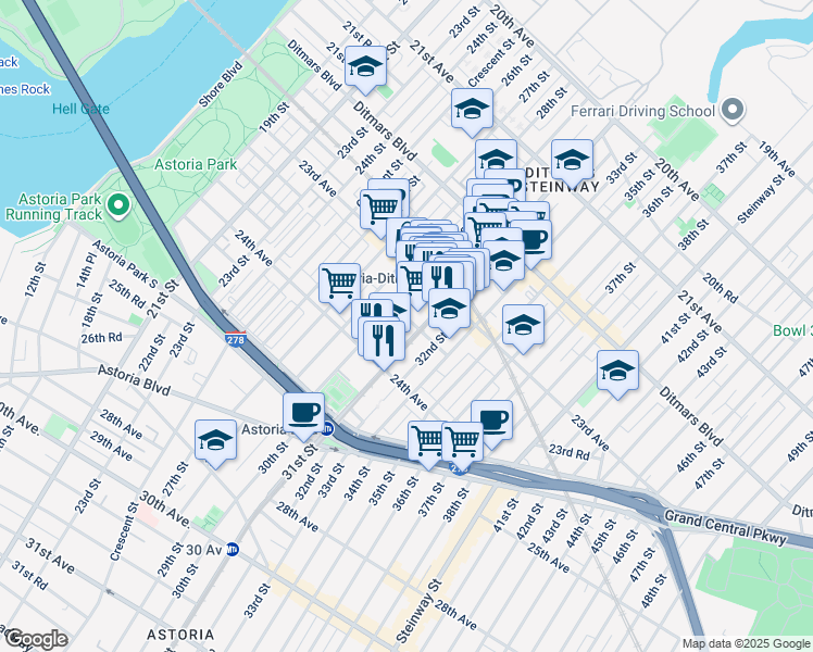 map of restaurants, bars, coffee shops, grocery stores, and more near 23-53 31st Street in Queens