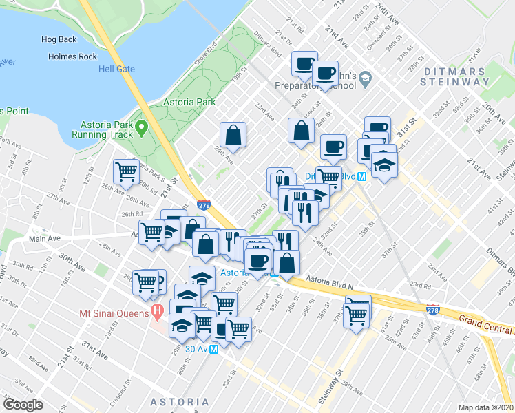 map of restaurants, bars, coffee shops, grocery stores, and more near 24-39 27th Street in Queens