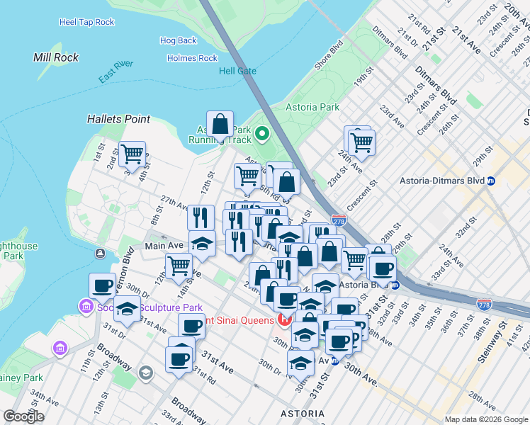 map of restaurants, bars, coffee shops, grocery stores, and more near in Queens