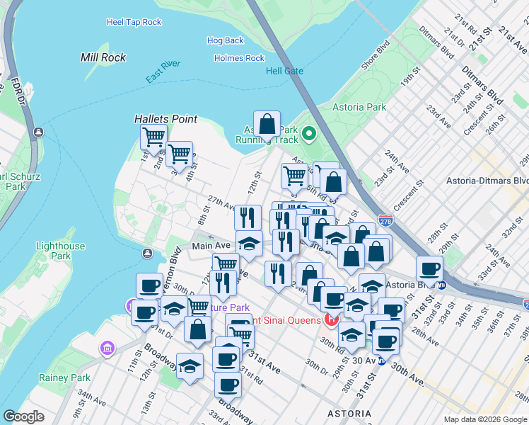 map of restaurants, bars, coffee shops, grocery stores, and more near in New York