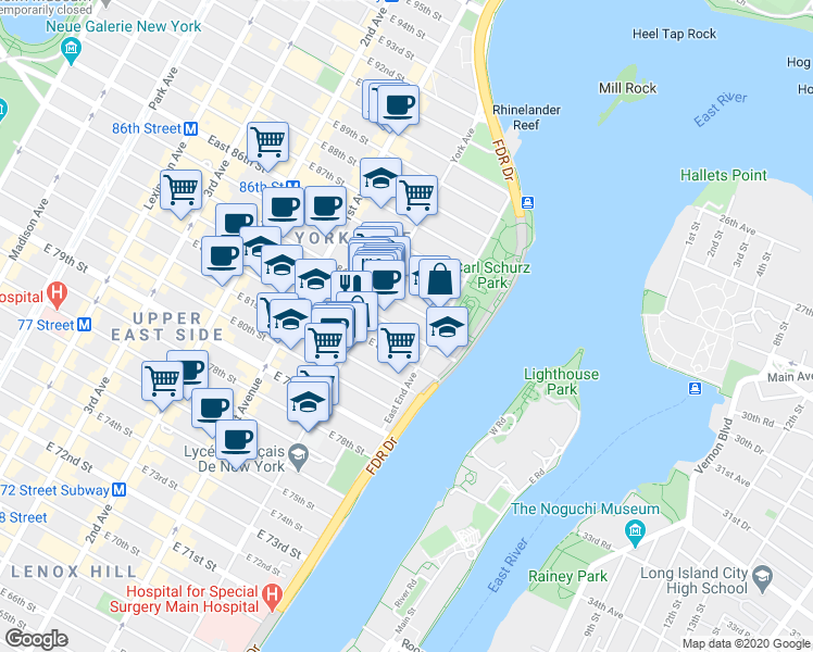 map of restaurants, bars, coffee shops, grocery stores, and more near in New York