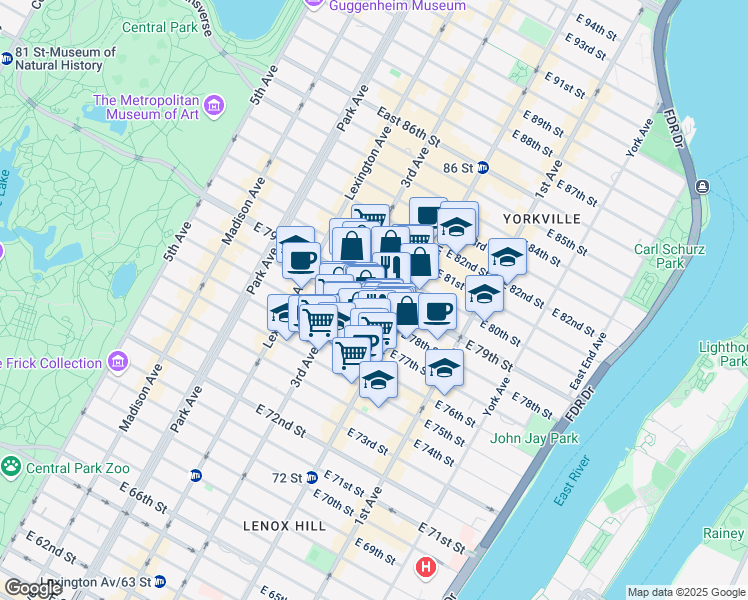 map of restaurants, bars, coffee shops, grocery stores, and more near 222 East 79th Street in New York