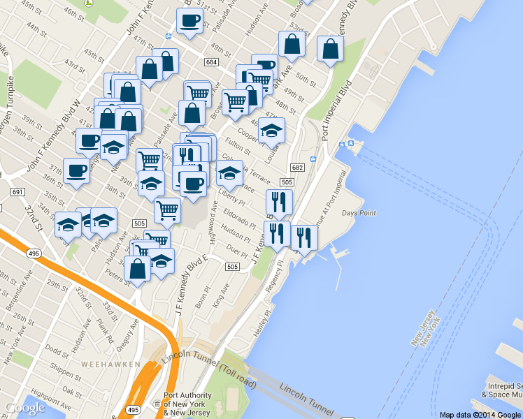 map of restaurants, bars, coffee shops, grocery stores, and more near 829 Boulevard East in Weehawken