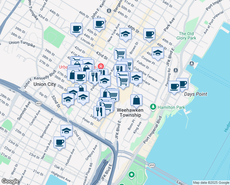 map of restaurants, bars, coffee shops, grocery stores, and more near 111 38th Street in Union City