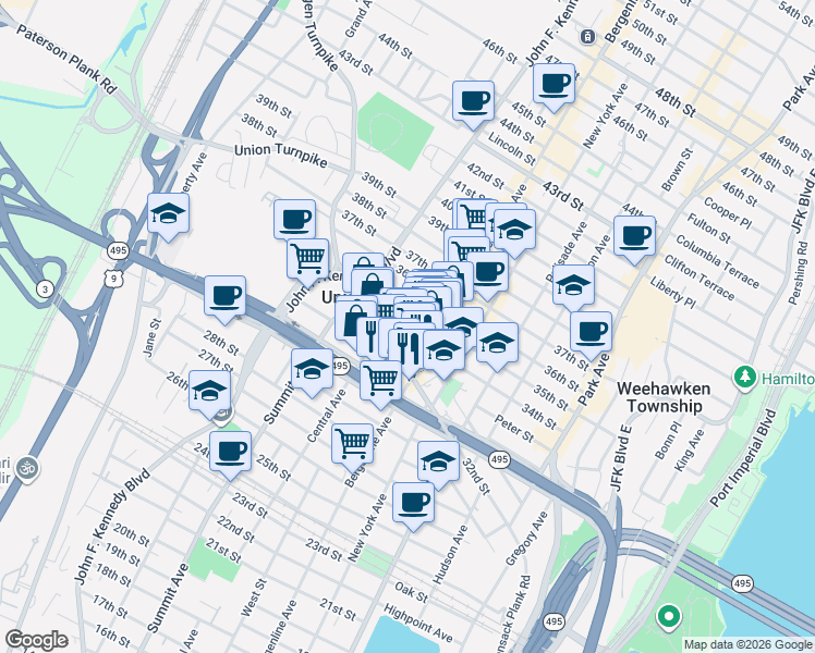 map of restaurants, bars, coffee shops, grocery stores, and more near 518 Hackensack Plank Road in Union City