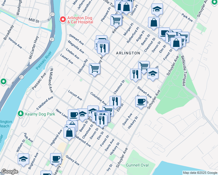 map of restaurants, bars, coffee shops, grocery stores, and more near 228 Beech Street in Kearny