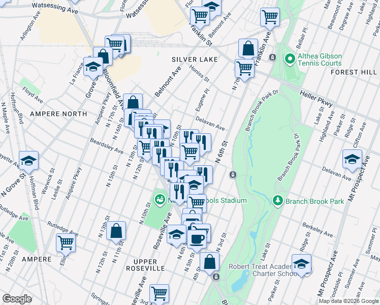 map of restaurants, bars, coffee shops, grocery stores, and more near 628 North 8th Street in Newark