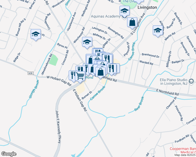 map of restaurants, bars, coffee shops, grocery stores, and more near 22 Burnet Street in Livingston