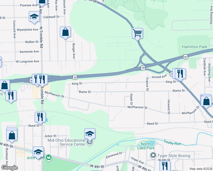 map of restaurants, bars, coffee shops, grocery stores, and more near 502 Allison Avenue in Mansfield