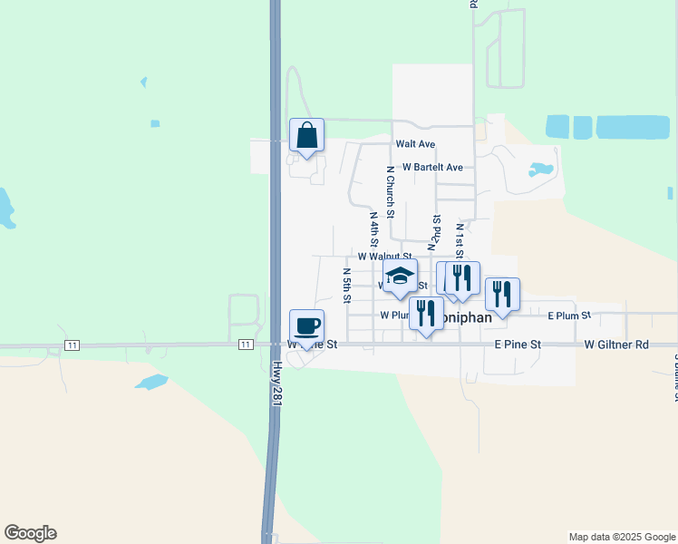 map of restaurants, bars, coffee shops, grocery stores, and more near 108 North 5th Street in Doniphan