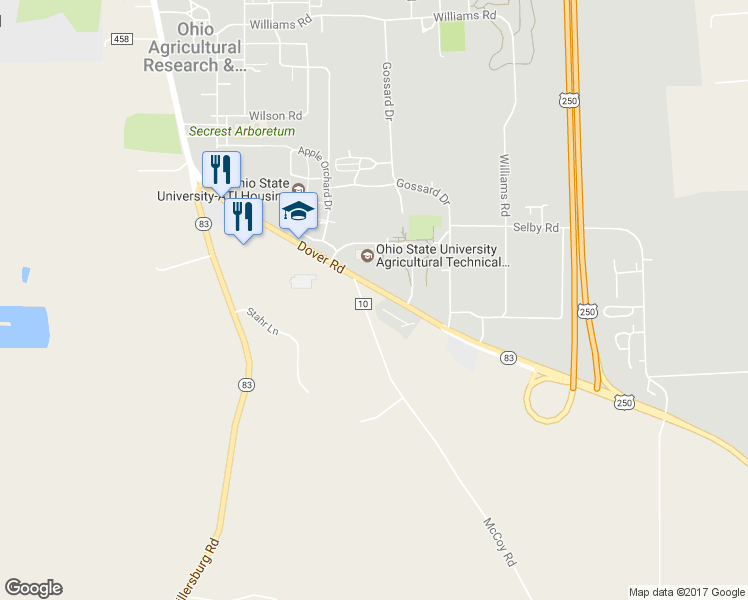 map of restaurants, bars, coffee shops, grocery stores, and more near 2106 McCoy Road in Wooster