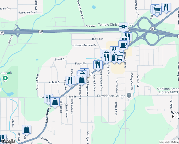 map of restaurants, bars, coffee shops, grocery stores, and more near 556 Michigan Avenue in Mansfield