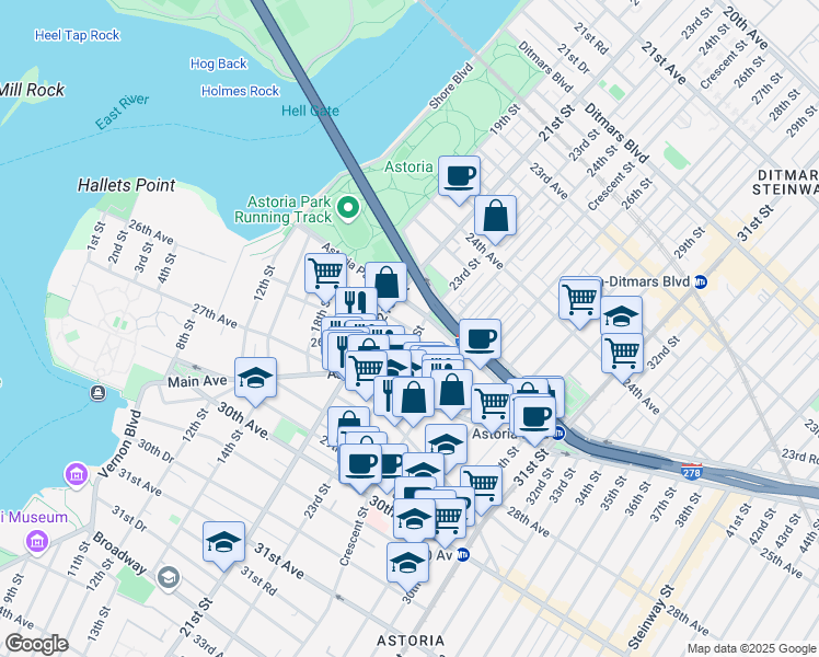 map of restaurants, bars, coffee shops, grocery stores, and more near 25th Road in Queens